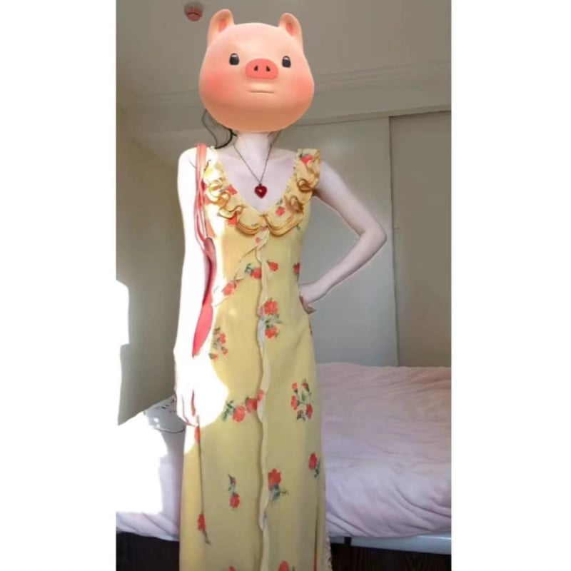 Rochie cu fustă în formă de frunză de lotus, decolteu în V, fără mâneci, lungă, poliester