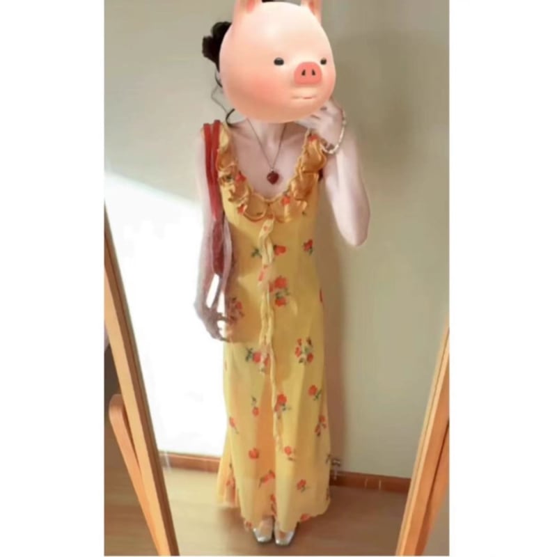 Rochie cu fustă în formă de frunză de lotus, decolteu în V, fără mâneci, lungă, poliester