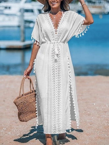 Rochie midi din bumbac slub cu decolteu în V, talie elastică, croială A-line