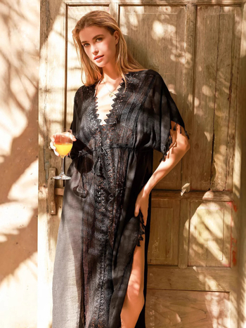 Rochie midi din bumbac slub cu decolteu în V, talie elastică, croială A-line