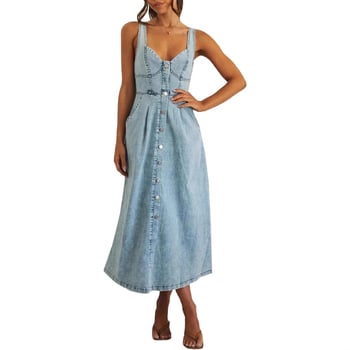 Rochie din denim cu bretele, efect distressed, nasturi frontali, lungime medie, stil street hipster