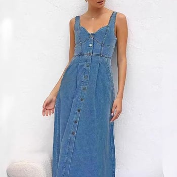 Rochie din denim cu bretele, efect distressed, nasturi frontali, lungime medie, stil street hipster