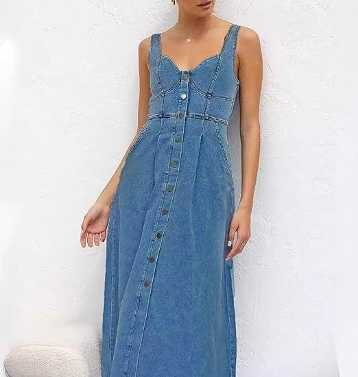 Rochie din denim cu bretele, efect distressed, nasturi frontali, lungime medie, stil street hipster