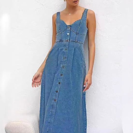 Rochie din denim cu bretele, efect distressed, nasturi frontali, lungime medie, stil street hipster