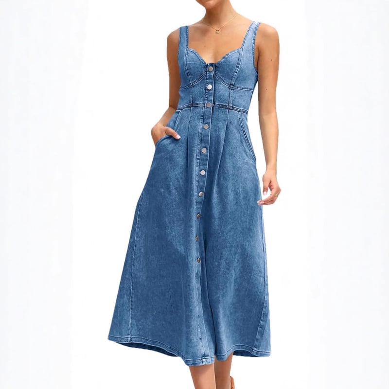 Rochie din denim cu bretele, efect distressed, nasturi frontali, lungime medie, stil street hipster