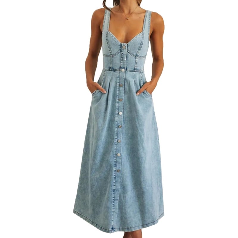 Rochie din denim cu bretele, efect distressed, nasturi frontali, lungime medie, stil street hipster
