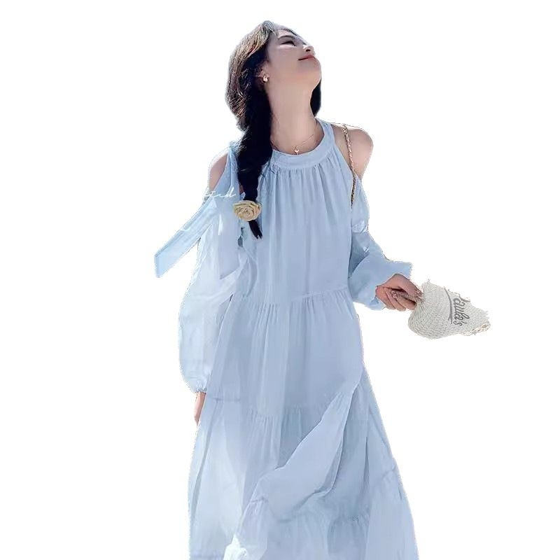 Poliészter egyszínű ruha kerek nyakkal, hosszú ujjú, A-vonalú szabás, középméret