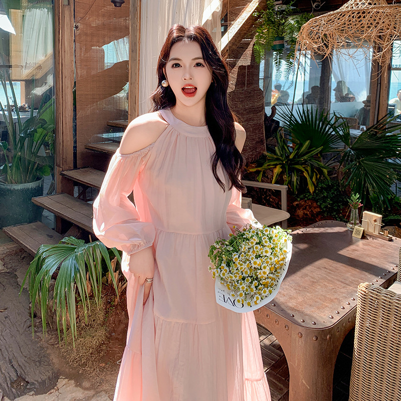 Poliészter egyszínű ruha kerek nyakkal, hosszú ujjú, A-vonalú szabás, középméret