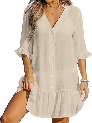 Női V-nyakú, pliszírozott ruha, rövid ujjú, midi hosszúságú, poliészter-spandex