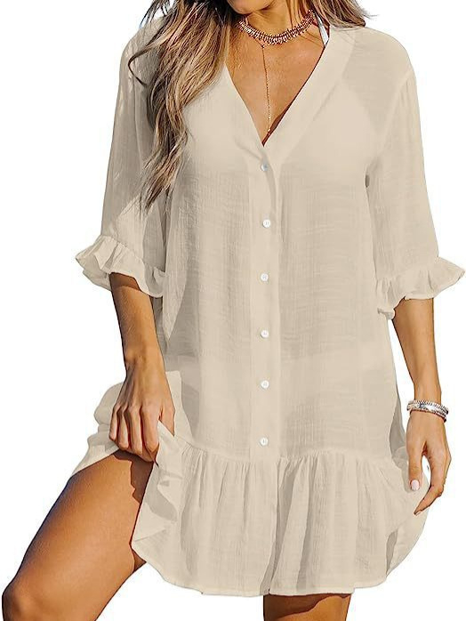 Női V-nyakú, pliszírozott ruha, rövid ujjú, midi hosszúságú, poliészter-spandex