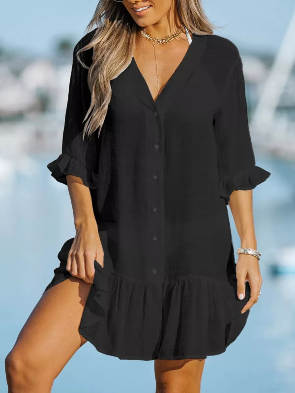 Női V-nyakú, pliszírozott ruha, rövid ujjú, midi hosszúságú, poliészter-spandex