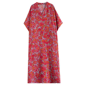 Hosszú bohem ruha pamut-lin keverékből, V-nyakú, laza derekú, batwing ujjakkal, A-vonalú hosszú ruha