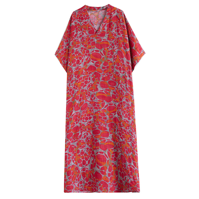 Hosszú bohem ruha pamut-lin keverékből, V-nyakú, laza derekú, batwing ujjakkal, A-vonalú hosszú ruha