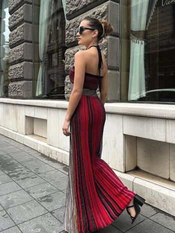 Hosszú ruha halternekúval, ujjatlan, hátsó kivágás, A-vonalú, csíkos poliészter, nyaralási stílus, Tavasz 2026