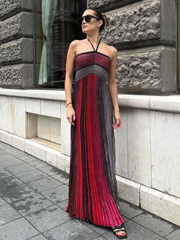 Hosszú ruha halternekúval, ujjatlan, hátsó kivágás, A-vonalú, csíkos poliészter, nyaralási stílus, Tavasz 2026