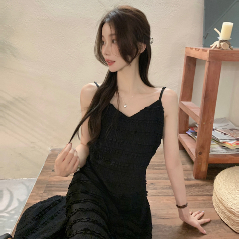 Női csipkés V-nyakú ruha vállpántos, ujjatlan, hosszú, A-vonalú ruha, magas derékkal