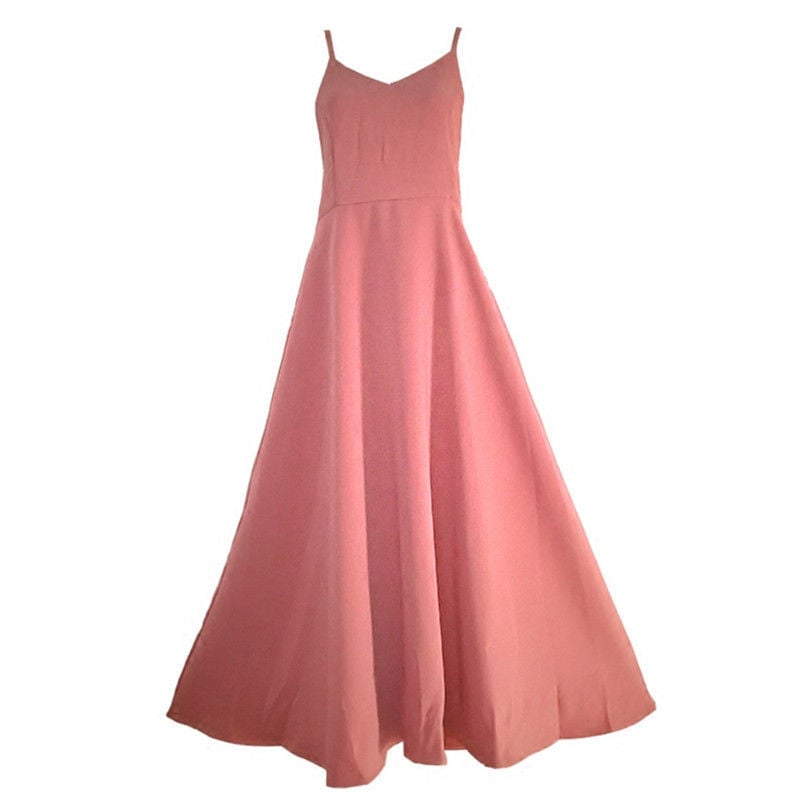 Hosszú ruha hátsó kivágással, vékony vállpántokkal, középső derék, maxi hossz, egyszínű poliészter anyag