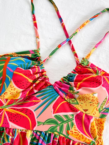 Ženska ljetna haljina bez rukava s halter izrezom, cvjetni print, elastičan pojas