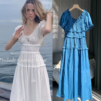 Pamutból készült ruha magas derekú, A-vonalú, hosszú szoknya, rövid ujjú