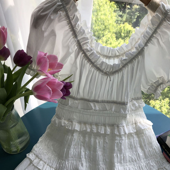 Pamutból készült ruha magas derekú, A-vonalú, hosszú szoknya, rövid ujjú