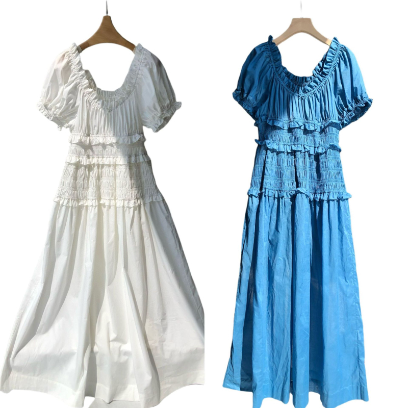 Pamutból készült ruha magas derekú, A-vonalú, hosszú szoknya, rövid ujjú