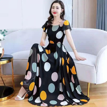 Haljina u jednom komadu, duga, umjetnički vintage stil, PVC tkanina, okrugli izrez, kratki rukav, proljeće 2025