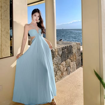 Duga haljina za plažu s trakama, bez leđa, CAMISOLE stil, A‑linija, poliester, visok struk, bez rukava