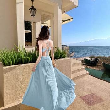 Duga haljina za plažu s trakama, bez leđa, CAMISOLE stil, A‑linija, poliester, visok struk, bez rukava