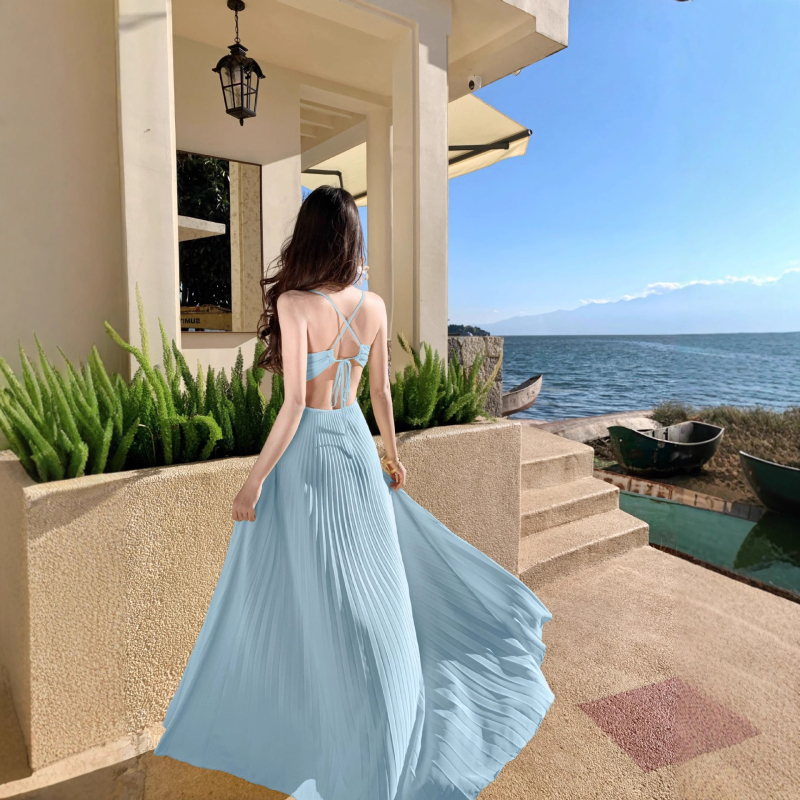 Duga haljina za plažu s trakama, bez leđa, CAMISOLE stil, A‑linija, poliester, visok struk, bez rukava