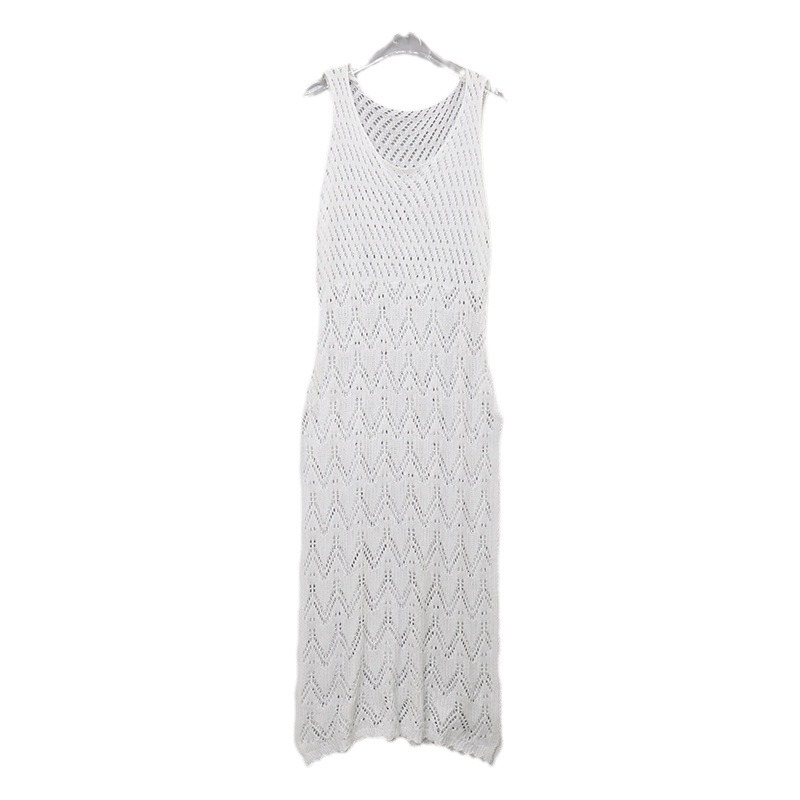 Duga pletene haljina s trakama, prorezani uzorak, V-izrez, bez rukava, poliester
