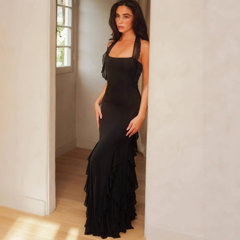 Bodycon haljina s četvrtastim izrezom, bez rukava, visokim strukom, duga, poliester