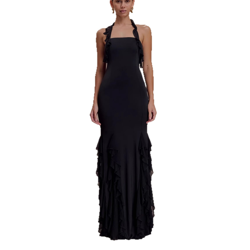 Bodycon haljina s četvrtastim izrezom, bez rukava, visokim strukom, duga, poliester