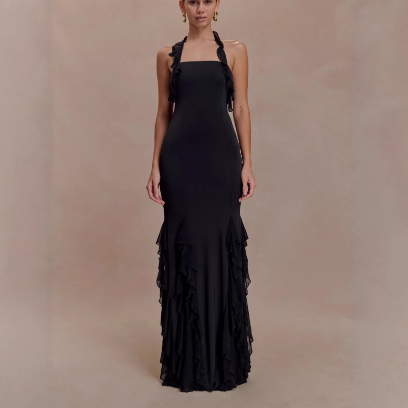 Bodycon haljina s četvrtastim izrezom, bez rukava, visokim strukom, duga, poliester