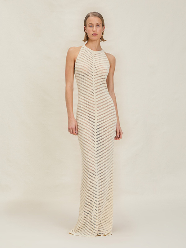 Pletena haljina s Halter izrezom (Poliester; Pletena tkanina; Halter stil; Duga haljina; Struk srednje visine)