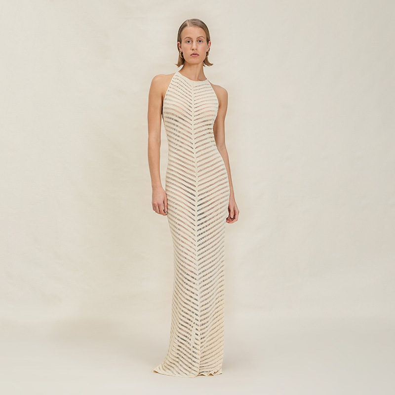 Pletena haljina s Halter izrezom (Poliester; Pletena tkanina; Halter stil; Duga haljina; Struk srednje visine)