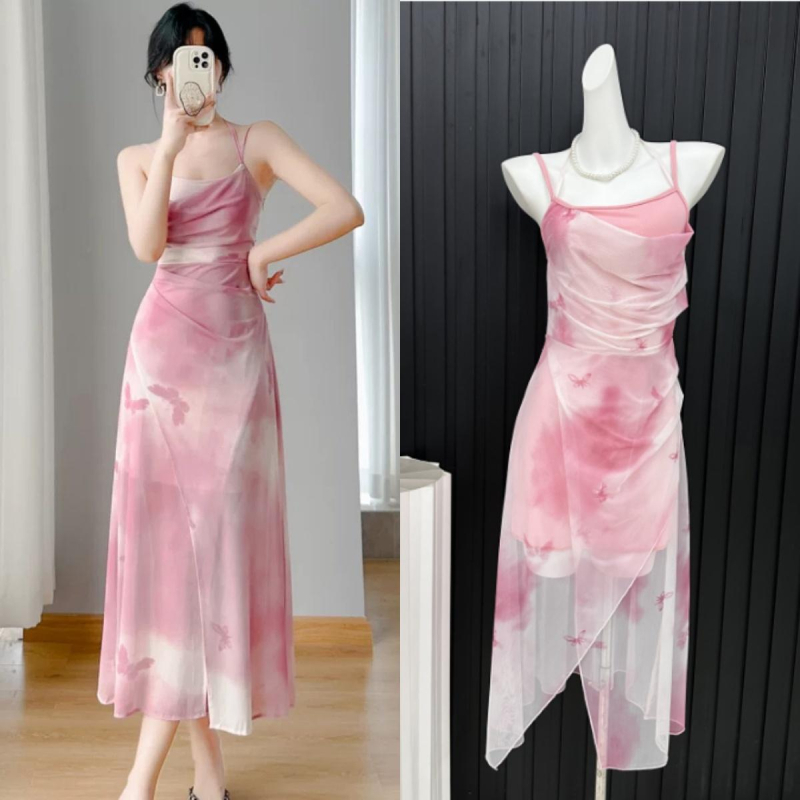 Dopamine ružičasta tie-dye haljina na bretele za žene, srednje duljine, plažna haljina