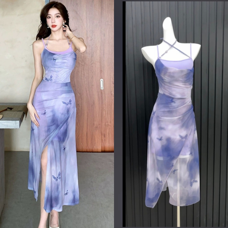 Dopamine ružičasta tie-dye haljina na bretele za žene, srednje duljine, plažna haljina