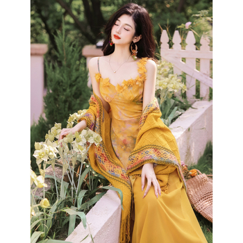 Dvodjelni set haljine s trakama, patchwork retro stil, duga suknja, U-oblik vrat, duge rukave
