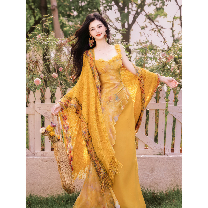 Dvodjelni set haljine s trakama, patchwork retro stil, duga suknja, U-oblik vrat, duge rukave