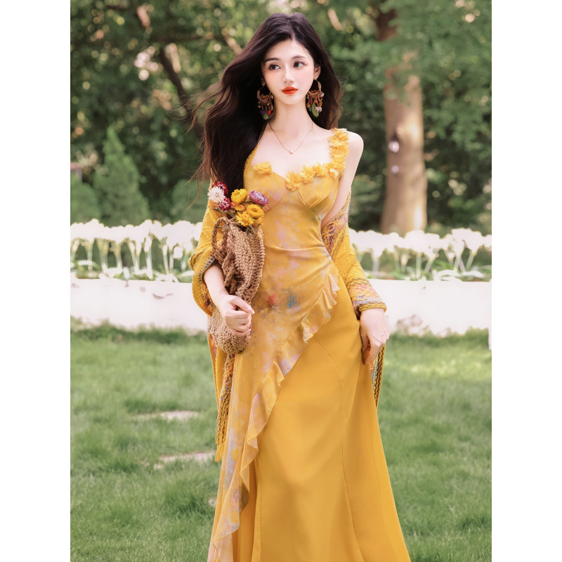 Dvodjelni set haljine s trakama, patchwork retro stil, duga suknja, U-oblik vrat, duge rukave