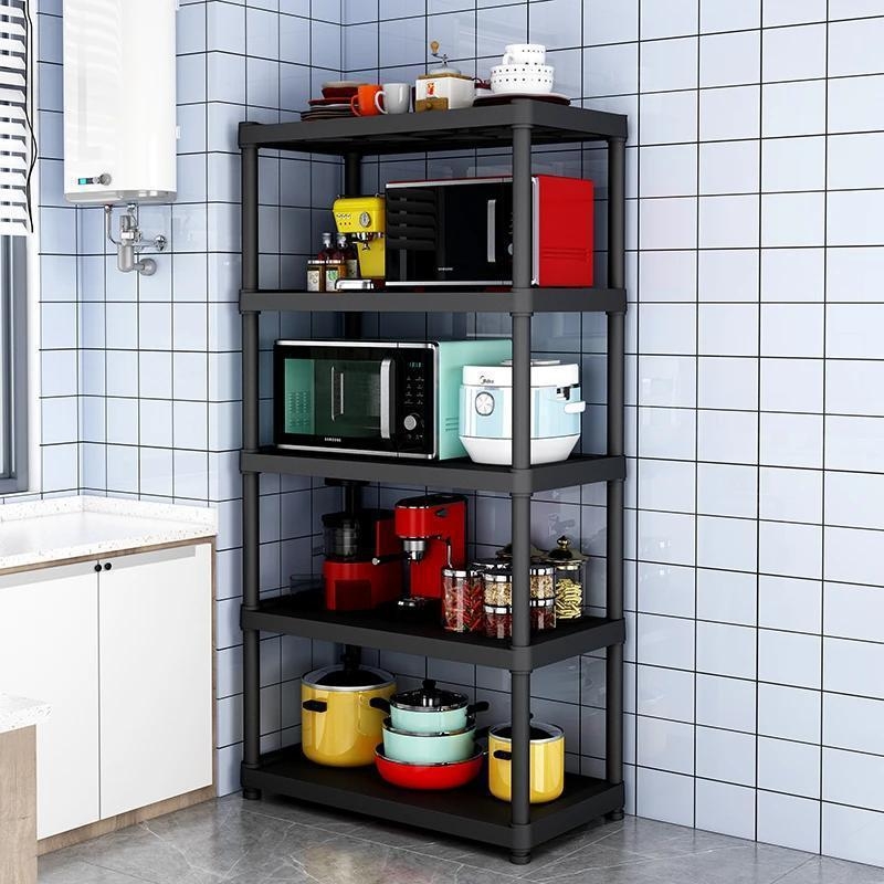 Raft de bucătărie pe podea, cu mai multe niveluri pentru cuptor cu microunde și depozitare vase, din plastic, fără montaj