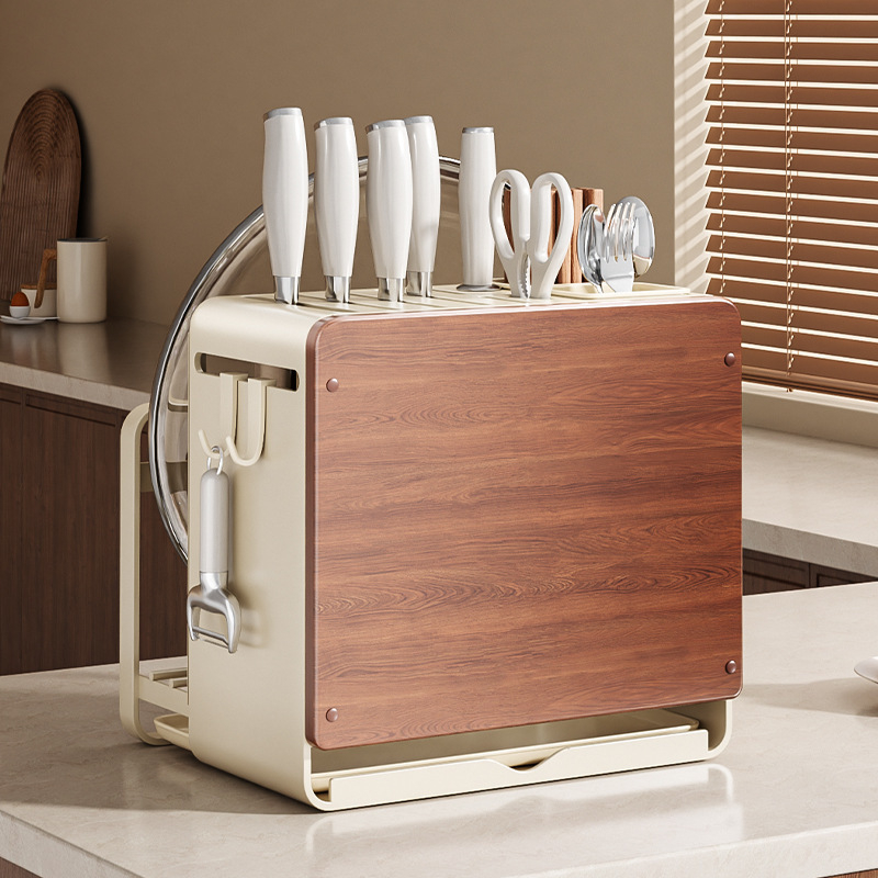 Fali konyhai kés- és vágódeszka tároló, multifunkcionális, szerelés nélkül