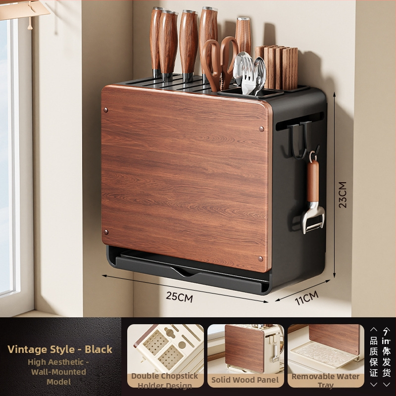 Fali konyhai kés- és vágódeszka tároló, multifunkcionális, szerelés nélkül