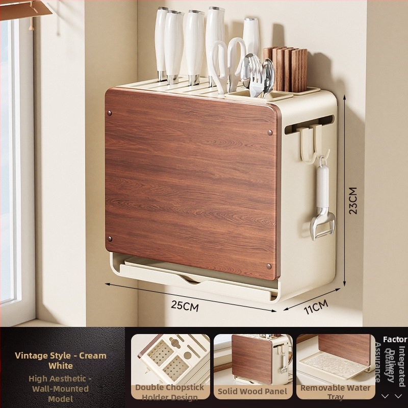 Fali konyhai kés- és vágódeszka tároló, multifunkcionális, szerelés nélkül