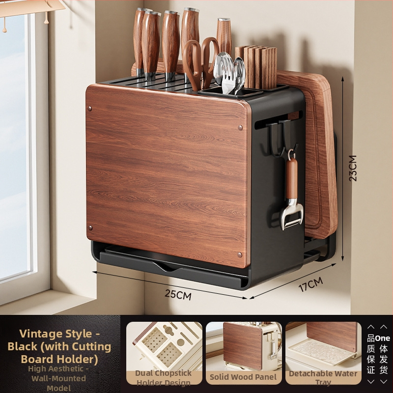 Fali konyhai kés- és vágódeszka tároló, multifunkcionális, szerelés nélkül