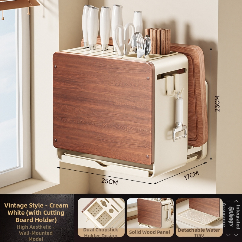 Fali konyhai kés- és vágódeszka tároló, multifunkcionális, szerelés nélkül