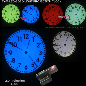 Ρολόι προβολής τοίχου, μοντέλο T02; LED οθόνη με δείκτες και αριθμούς; εξωτερική παροχή ρεύματος; πλαστικό περίβλημα; καντράν από οργανικό γυαλί; λειτουργίες: φωτισμός, νυχτερινό φως, διακοσμητικό.