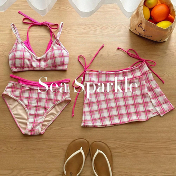 SeaSparkle Tyrande retro karirani patchwork trodijelni kupaći kostim set za odmor i termalne izvore