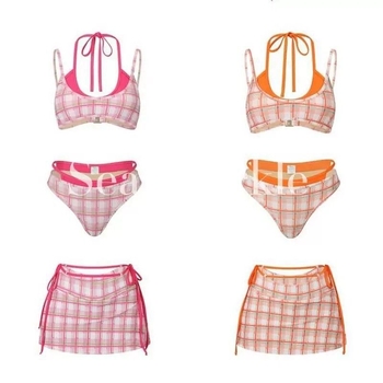 SeaSparkle Tyrande retro karirani patchwork trodijelni kupaći kostim set za odmor i termalne izvore