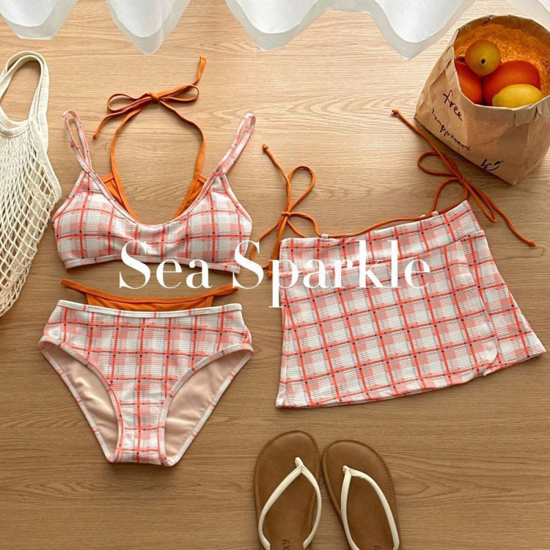 SeaSparkle Tyrande retro karirani patchwork trodijelni kupaći kostim set za odmor i termalne izvore